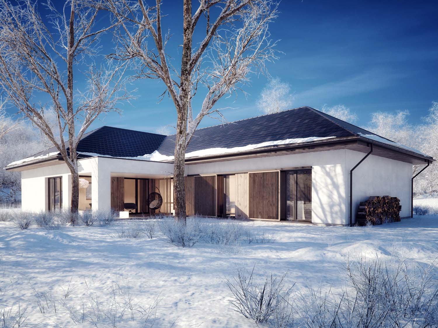 nowoczesny dom parterowy zimą